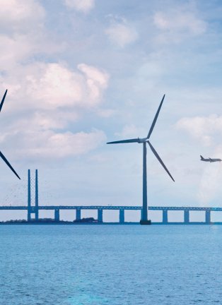Vue d'un pont et d'un parc éolien offshore