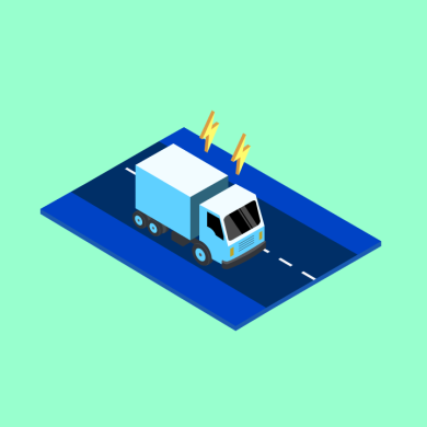 Voici une description courte de l'image : Un camion de livraison blanc avec des éclairs oranges symbolisant la rapidité ou l'énergie électrique, sur un fond bleu et turquoise.