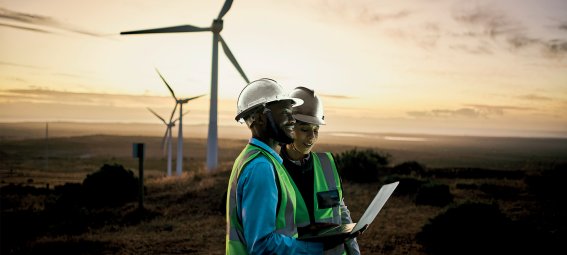 Collaborateurs devant un champ éolien