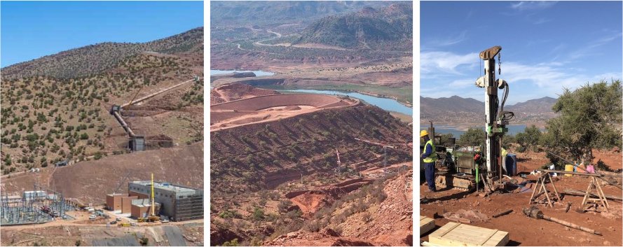 Trois photographies côte à côte dépeignant les différentes étapes d’un site de construction ou d’extraction en montagne, montrant l’évolution des travaux et du paysage.