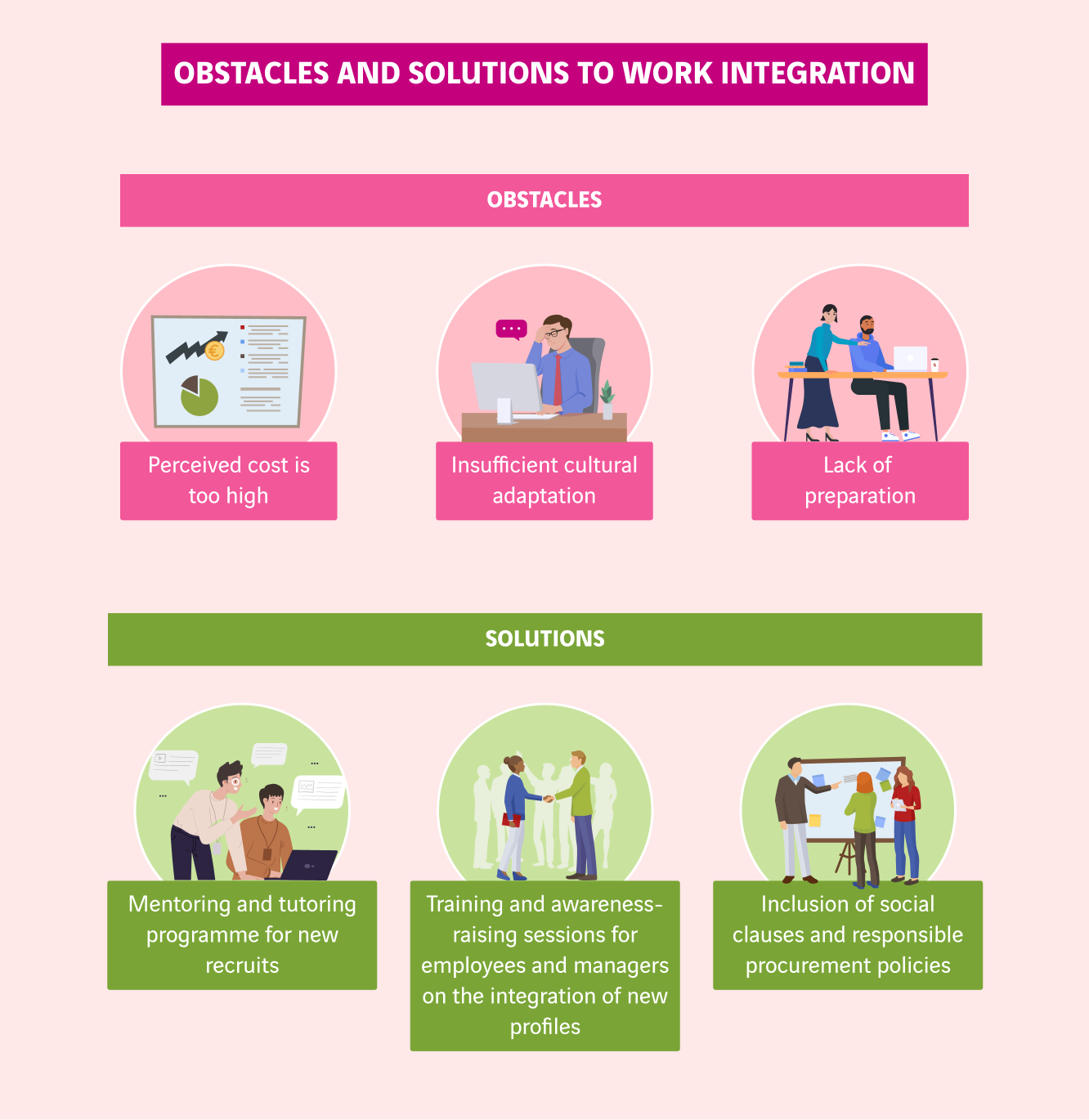 schéma obstacles et solutions pour faciliter l'insertion professionnelle