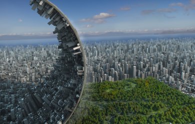 Une ville courbé vers le ciel qui semble s’étaler sur le sol et recouvrir la vegetation.