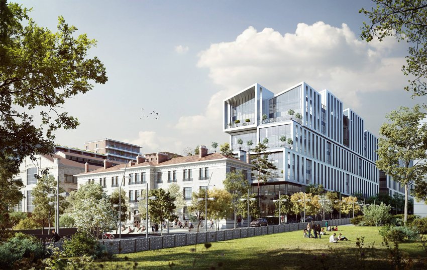 L’image montre une représentation architecturale moderne d’un bâtiment à plusieurs étages avec un design géométrique unique, intégrant des espaces verts et des zones piétonnes pour une communauté dynamique.