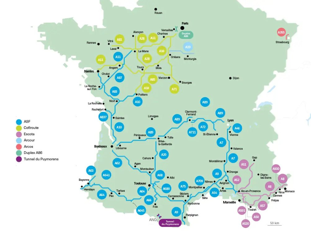 Carte de France listant l'ensemble des autoroutes composant le réseau de VINCI Autoroutes