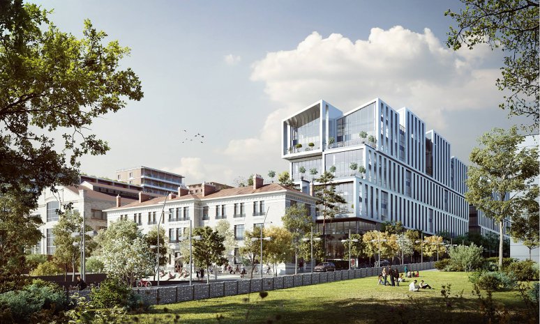 L’image montre une représentation architecturale moderne d’un bâtiment à plusieurs étages avec un design géométrique unique, intégrant des espaces verts et des zones piétonnes pour une communauté dynamique.