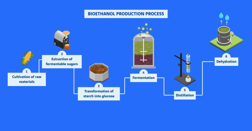infographie sur le processus de fabrication du bioéthanol en 6 étapes