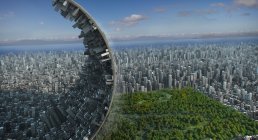 Vue d'une ville futuriste où la nature remplace les bâtiments