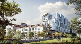 L’image montre une représentation architecturale moderne d’un bâtiment à plusieurs étages avec un design géométrique unique, intégrant des espaces verts et des zones piétonnes pour une communauté dynamique.