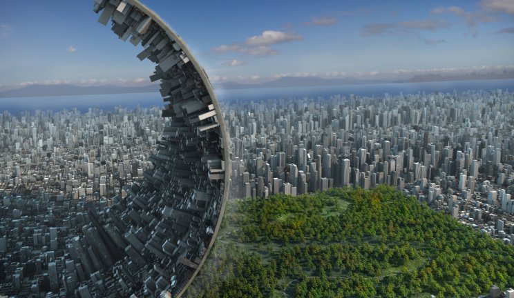 Une ville courbé vers le ciel qui semble s’étaler sur le sol et recouvrir la vegetation.