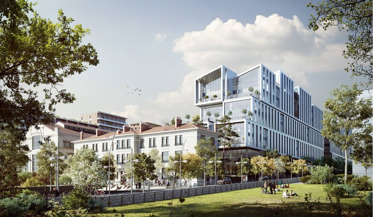 L’image montre une représentation architecturale moderne d’un bâtiment à plusieurs étages avec un design géométrique unique, intégrant des espaces verts et des zones piétonnes pour une communauté dynamique.